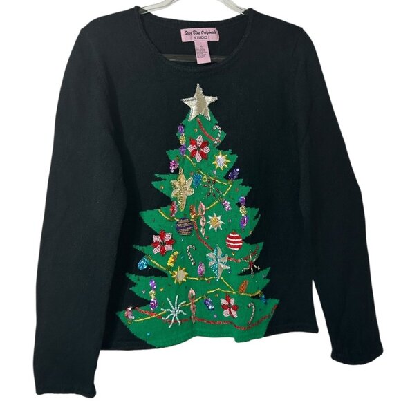 Star Blue Originals Black Knit Christmas Tree Sweater w/ Beads & Sequins Size XL - Picture 1 of 8